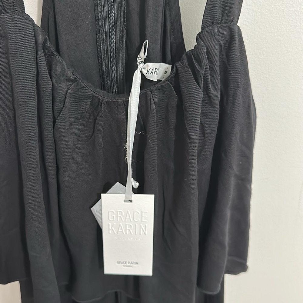 NWT Grace Karin Black Tiered Sleeveless Romper Womens Medium Linen Blend - Picture 5 of 7